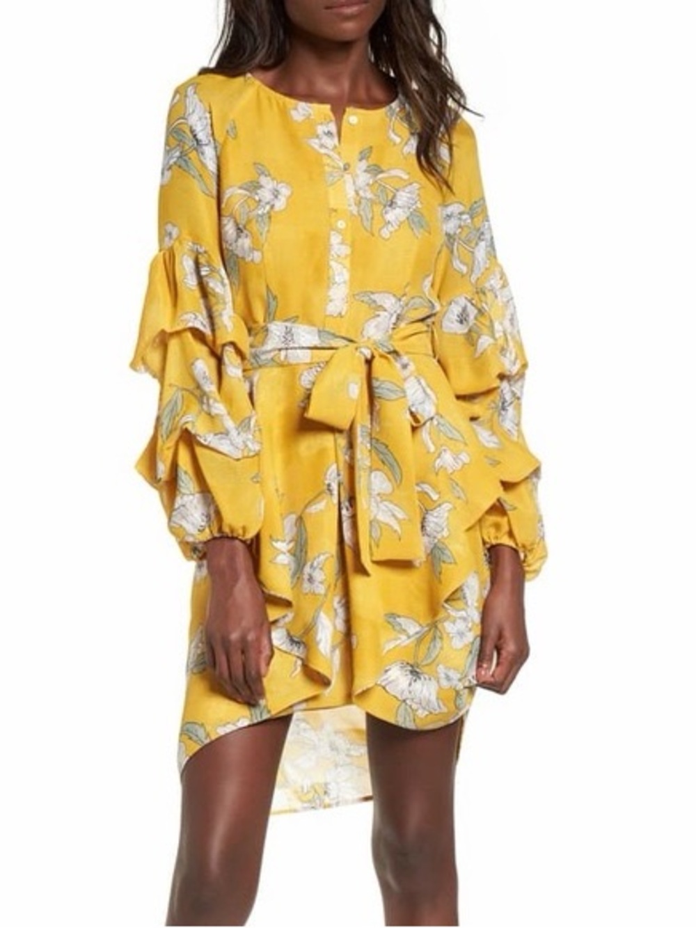 DEX | Mustard Floral Tie-Waist Mini Dress